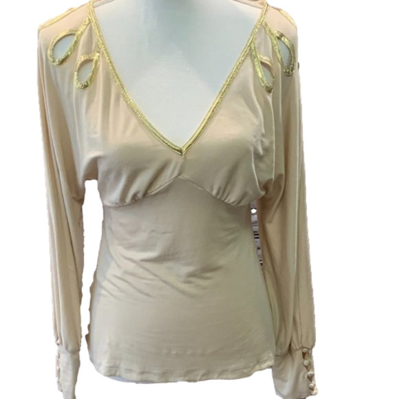 🔥🔥SALE🔥🔥BCBGIRLS Tan & Gold Cold Shoulder Top - Picture 1 of 8